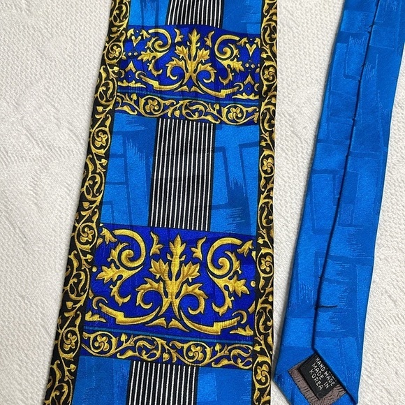 Vintage: Bruno Piattelli Blue Yellow Black Elaborate Pattern, Pure Silk Korea - Picture 2 of 6